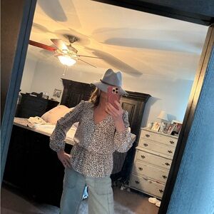 Nine West Beige Leopard Print Peplum Blouse